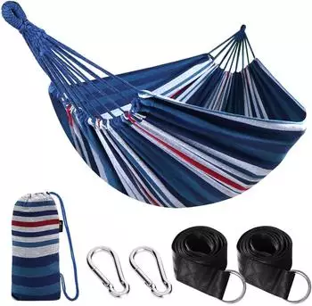 LuxusKollektion H&auml;ngematte Baumwolle, dunkelblau/wei&szlig;, 300kg, mit Baumgurten und Tasche