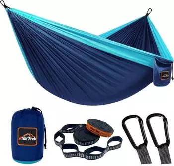 LuxusKollektion Camping-H&auml;ngematte Fallschirm-Nylon blau/navy 300x200cm mit Baumgurten & Karabiner