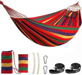 LuxusKollektion H&auml;ngematte Baumwolle, rot gestreift, 270x150cm, 300kg, mit Spreizstab & Kissen