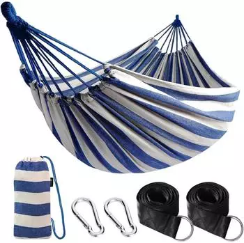 Gerster H&auml;ngematte Baumwolle, blau/wei&szlig;, 300kg, mit Gurten und Reisetasche