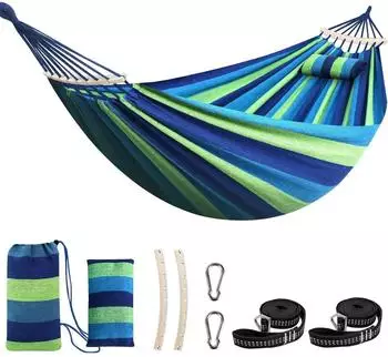 LuxusKollektion Hängematte mit Spreizstab, Baumwolle, blau/grün gestreift, 270x150cm, 300kg
