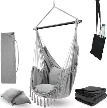 deluxe4home Hängesessel mit 2 Kissen Hellgrau inkl. Kuscheldecke bis 120 kg