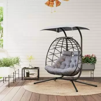 Outsunny Hängesessel mit Gestell und Sonnenschutzdach Polyrattan bis 260 kg dunkelgrau