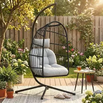 Outsunny Hängesessel mit Gestell, faltbar, Polyrattan, hellgrau (867-322V00LG)