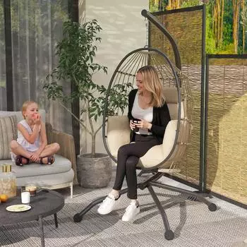 Outsunny Eif&ouml;rmiger H&auml;ngesessel mit Gestell, faltbar, khaki (84A-345V00KK)