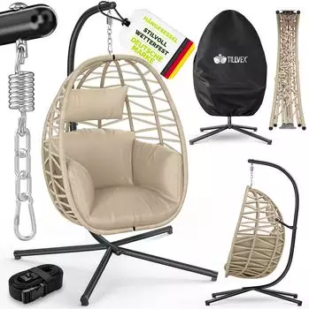 tillvex Swivo H&auml;ngesessel mit Gestell, Rattan, klappbar, bis 150kg (TVSWHS-003)