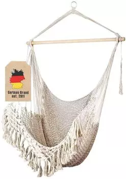 Intirilife H&auml;ngesessel Makramee Baumwolle, beige mit Fransen (IL-100502)