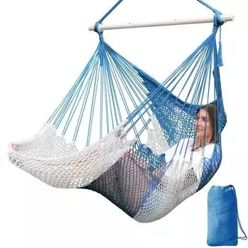 LuxusKollektion H&auml;ngesessel handgestricktes Baumwollnetz, blau/wei&szlig;, 240x80cm