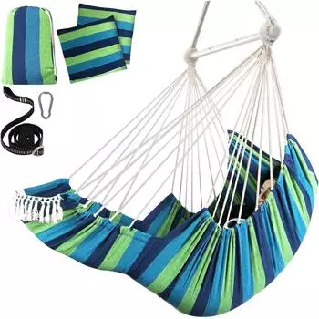 LuxusKollektion Hängesessel blau/grün gestreift, 2 Kissen & Fußstütze, Baumwolle