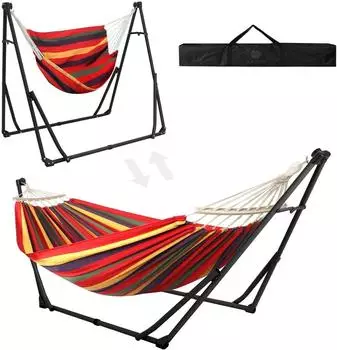 Gerster H&auml;ngematte & H&auml;ngesessel 2-in-1 Set mit Klappgestell, schwarz/rot