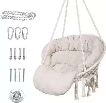 LuxusKollektion H&auml;ngesessel Makramee mit Kissen, Baumwolle, Indoor/Outdoor, bis 150kg, beige
