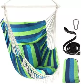 LuxusKollektion Hängesessel blau/grün gestreift, 2 Kissen, Stahl-Spreizstange