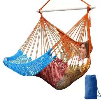 LuxusKollektion H&auml;ngesessel Baumwollnetz mit Spreizstange 240x80cm, orange/braun/rot/blau