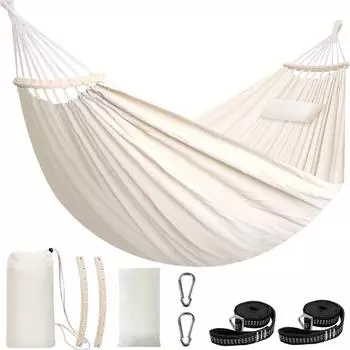 LuxusKollektion H&auml;ngematte mit Spreizstange & Kissen, Baumwolle, 300x150cm, 300kg, naturwei&szlig;