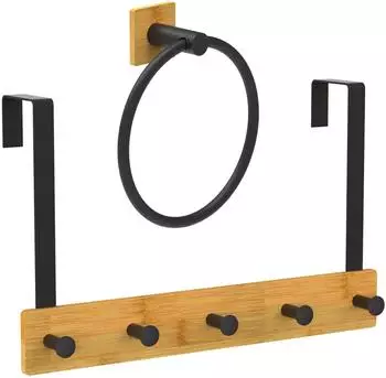 Relaxdays T&uuml;rgarderobe mit Handtuchring, 5 Haken, ohne Bohren, Metall/Bambus (10053148_46)