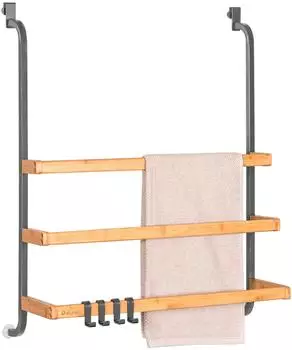 eluno Handtuchhalter für Glasduschwand, Metall/Bambus, 3 Stangen, 4 Haken, grau