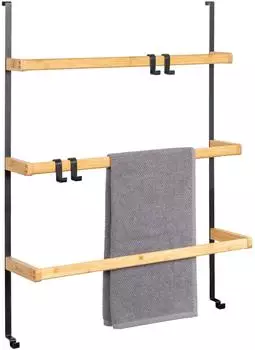 eluno T&uuml;r-H&auml;ngeregal Metall und Bambus, 3 Handtuchstangen, 4 Haken, schwarz