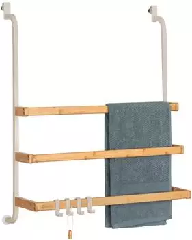 eluno Handtuchhalter f&uuml;r Glasduschwand, 3 Stangen, 4 Haken, Metall/Bambus, beige
