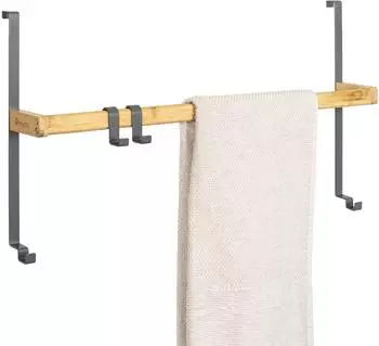 eluno T&uuml;r-H&auml;ngeregal Metall/Bambus, 1 Handtuchstange, 2 Haken, grau