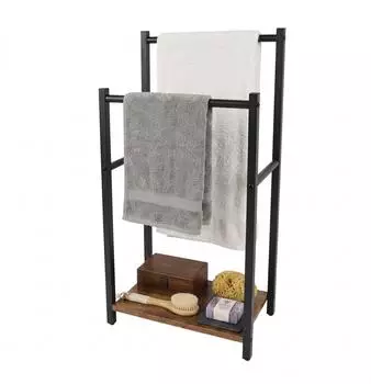 Relaxdays Handtuchst&auml;nder mit Ablage, 2 Stangen, MDF & Metall, schwarz/braun, 80x42x24cm