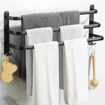 LuxusKollektion Handtuchhalter 3 Stangen mit Haken, schwarz matt, 40cm, ohne Bohren
