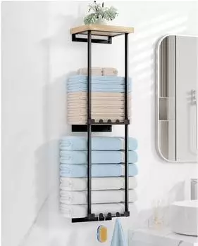 LuxusKollektion Handtuchregal ohne Bohren mit Ablage und 6 Haken, schwarz