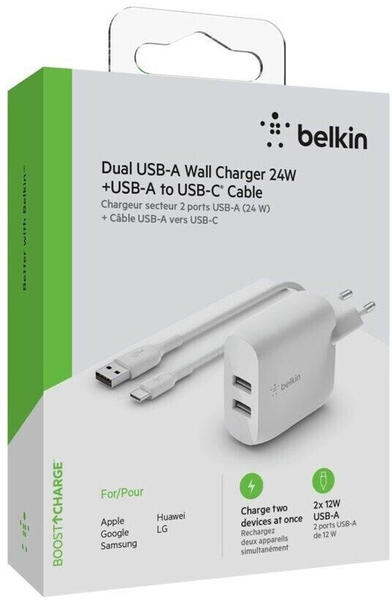 Belkin BOOST CHARGE USB-A-Netzladegerät mit zwei Anschlüssen (24 W) und USB-A/USB-C®-Kabel