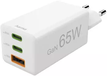 Hama 00201996 Schnellladegerät, 2x USB-C PD, 1x USB-A QC, Mini-Ladegerät, 65W, Weiß