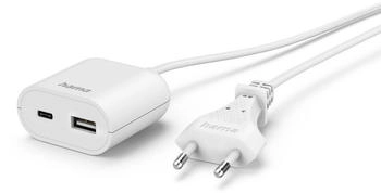 Hama 00223204 USB-Netzteil mit 1,9 m langem Kabel, 3,5A, 1x USB-A, 1x USB-C, Weiß