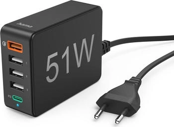 Hama Netzteil - 51 Watt - 3 A - PD QC 3.0 - 5 Ausgabeanschlussstellen (3 x USB Typ A USB-C (PD) 4 pin USB Type A (QC 3.0)) - Schwarz (00086415)