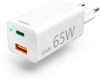 Hama Schnellladegerät GaN 1x USB-C PD 1x USB-A QC Mini-Ladegerät 65 W Weiß (00125130)