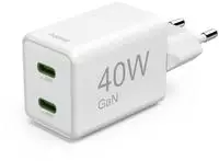 Hama Schnellladeger&auml;t, GaN, 2x USB-C, Super-Mini-Ladeger&auml;t, PD, 40 W, Wei&szlig;