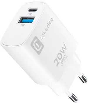 Cellular Line USB Ladeger&auml;t 20 W USB-A USB-C USB PD Wei&szlig; Steckdose (ACHIPH2USBPD20SMLW)