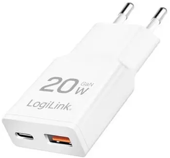 LogiLink USB-A/C Ladeger&auml;t 20 W GaN 2-fach Slim Version Wei&szlig;