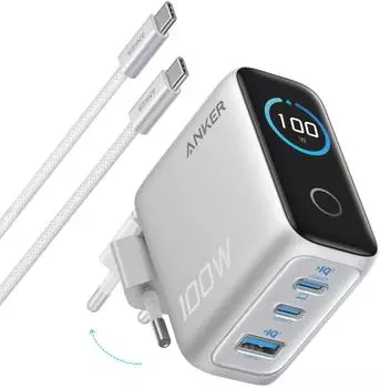 Anker Ladeger&auml;t (100W, 3 Ports, Smart Display) mit USB-C Kabel silber