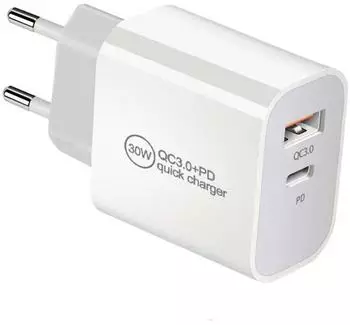 IWH USB Ladeger&auml;t 30 W 1x USB-A 1x USB-C USB PD QC 3.0 Wei&szlig; Innenbereich (019058)