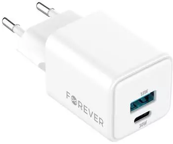 Jaym GaN wall charger USB-A 18W QC USB-C 30W PD White
