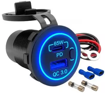 Offgridtec USB-Doppelsteckdose 12V /24V 18W USB-A + 65W USB-C Kfz-Schnellladeadapter mit Abdeckung