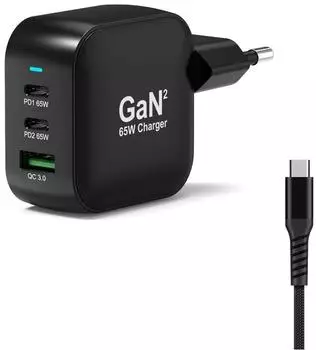 Port Designs GaN charger 65W USB-A USB-C cable USB-C 2m