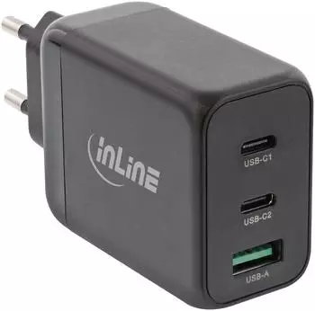 InLine USB-Ladegerät 3-Port GaN 65W, 2x USB-C, 1x USB-A, schwarz (31506F)