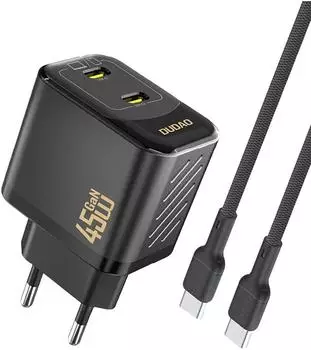 DUDAO A28PCEU Wandladegerät GaN 2x USB-C PD 45W mit USB-C-Kabel, schwarz (A28PCEU)