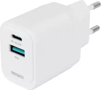 Deltaco USB-Wandladeger&auml;t 1x USB-A 18W, 1x USB-C PD 20W, wei&szlig; (USBC-AC154)