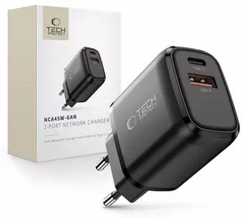 Tech-Protect NCA45W-GAN GaN Wandladeger&auml;t 2-Port USB-C/USB-A 45W schwarz (NCA45W-GAN)