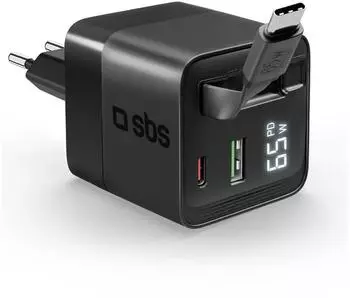 SBS Mobile GaN Wandladeger&auml;t 65W mit LCD-Display und USB-C-Kabel, schwarz (TETRGAN65RETCABK)