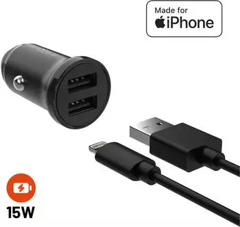 FIXED Mini Car Charger 2x USB-A 15W mit Lightning-Kabel 1m (FIXCC15N-2UL-BK)