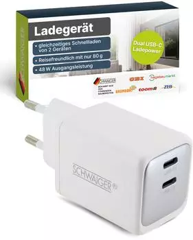 Schwaiger Schnell-Ladeger&auml;t 48W Dual USB-C GaN PD 3.0 wei&szlig; (LADC2048)