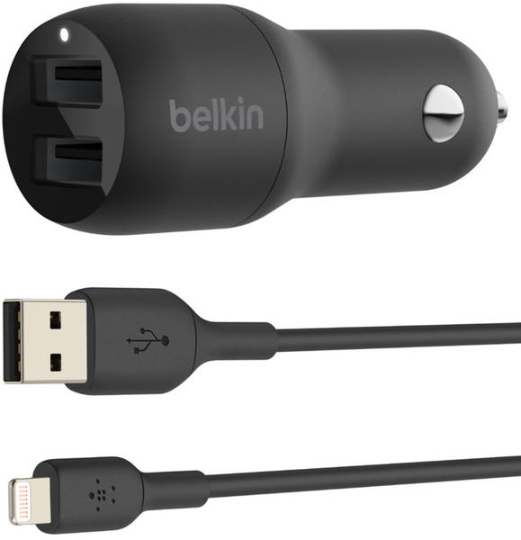 Belkin BOOST CHARGE USB-A-Kfz-Ladegerät mit zwei Anschlüssen (24 W) und USB-A/Lightning-Kabel