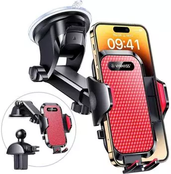 LuxusKollektion Handyhalterung Auto 3-in-1 Saugnapf & Lüftung, rot, 360° drehbar