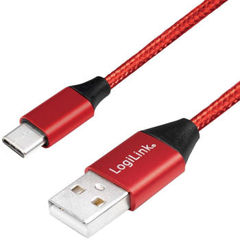 LogiLink CU0147 0,3m, USB-C Datenkabel Sync Ladekabel USB 2.0 A-Stecker zu USB-C Stecker, Stoff, rot