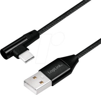 LogiLink USB 2.0 Type-C Kabel C/M (90°) zu USB-A/M Stoff schwarz 0,3 m (CU0137)